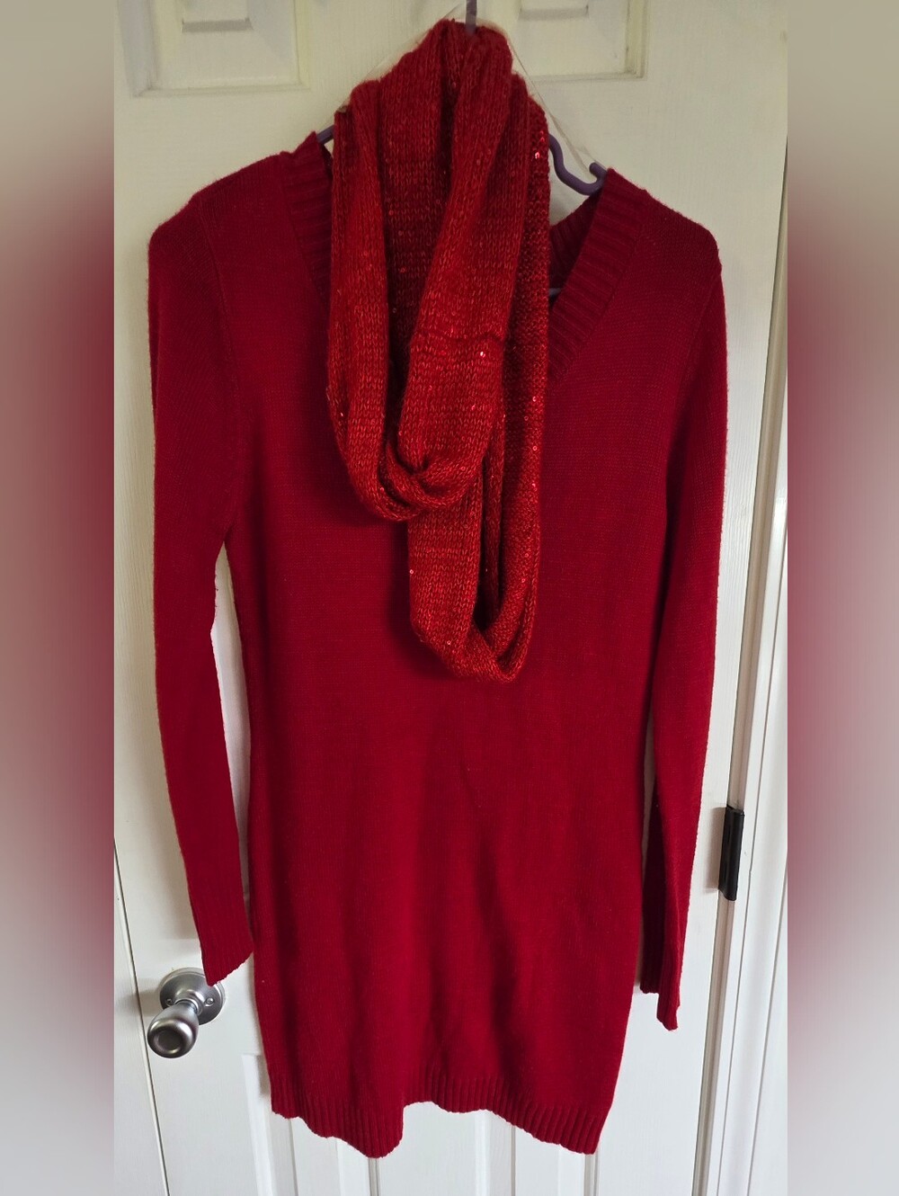 Faded Glory Red V-Neck Women's Sweater Dress with Matching Scarf Medium 8-10